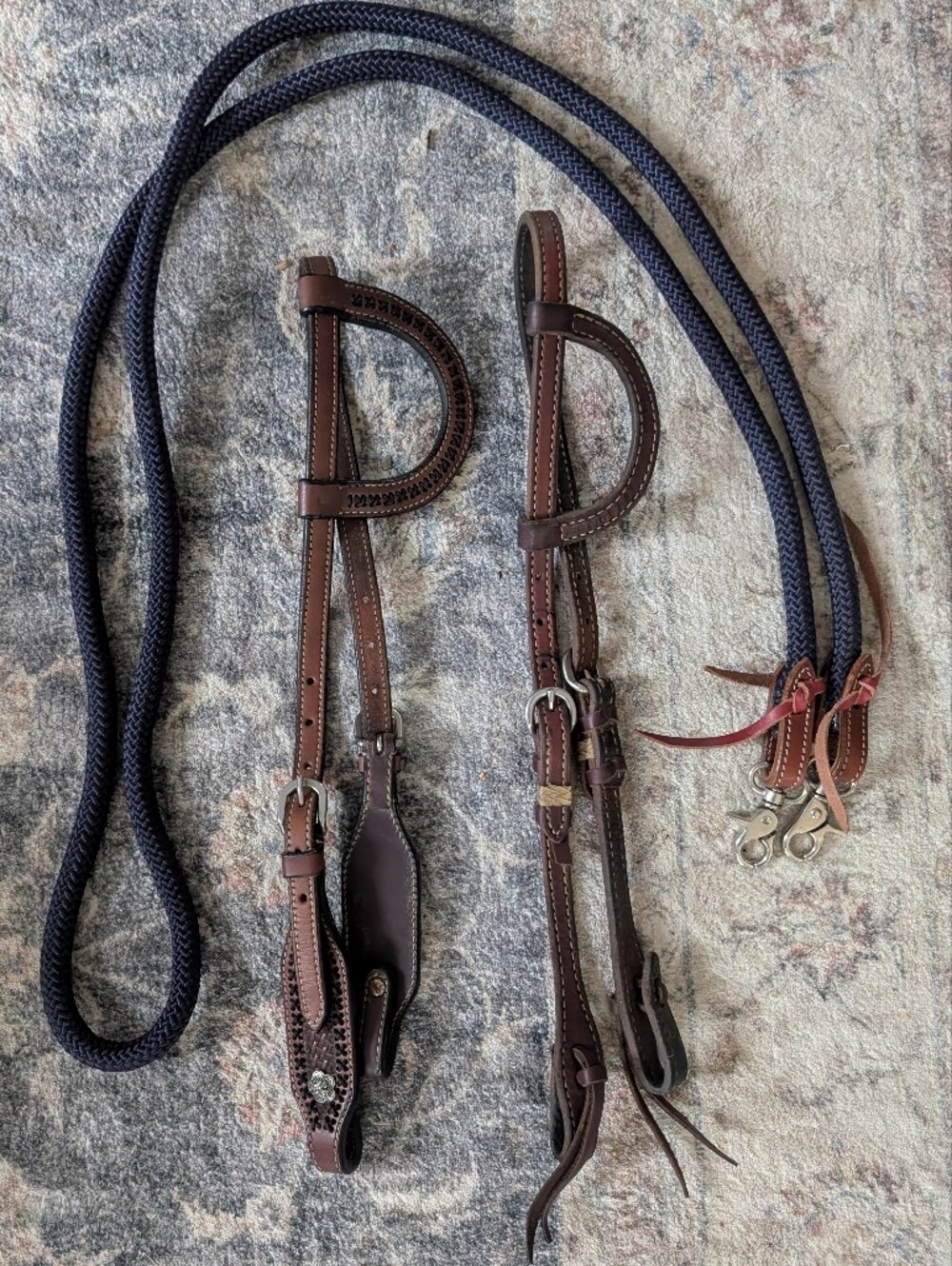Set Of Two Western Headstalls And Navy Rope Reins With Clips